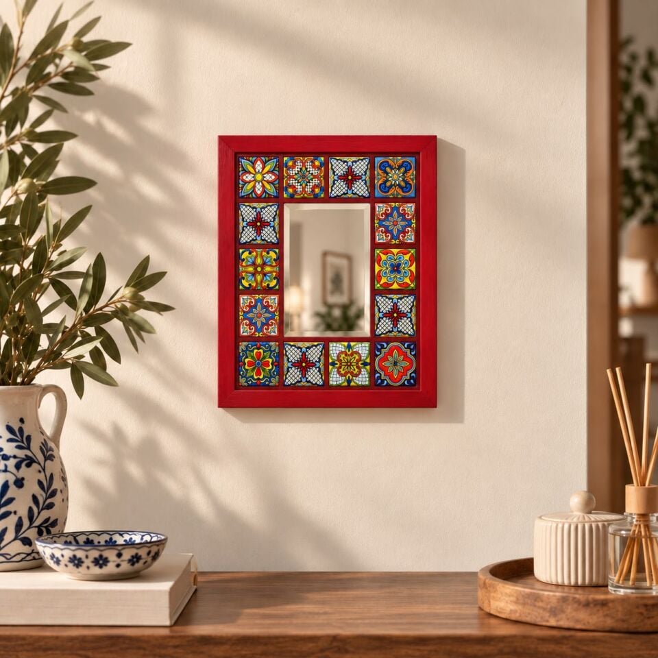 Ahşap Çerçeveli Seramik Ayna Etnik Desen 25x30 cm